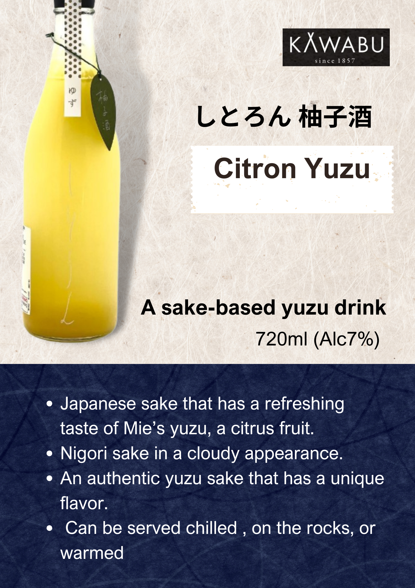 KAWABU Citron Yuzu Nigori Sake Liqueur 720ml