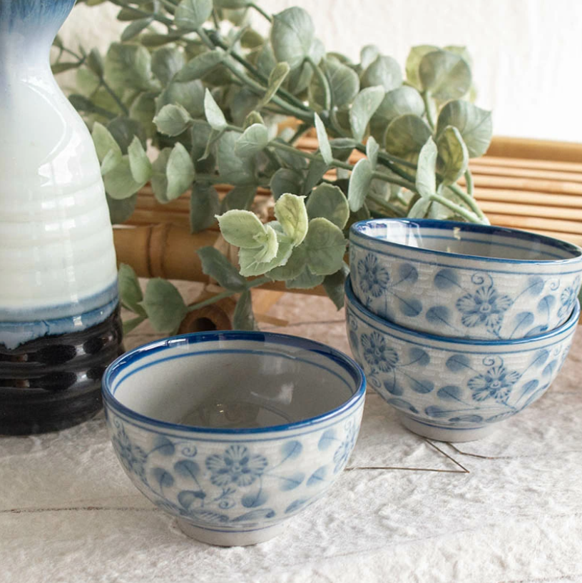Aizome Kobana Karakusa Ochoko Indigo Floral Sake Cup