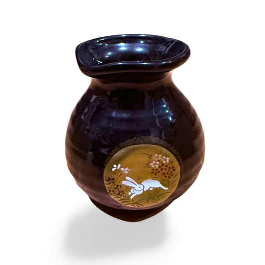 Mino Ware Black Glaze Tokkuri with Gold Rabbit Motif