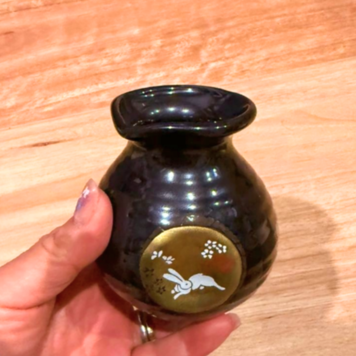 Mino Ware Black Glaze Tokkuri with Gold Rabbit Motif