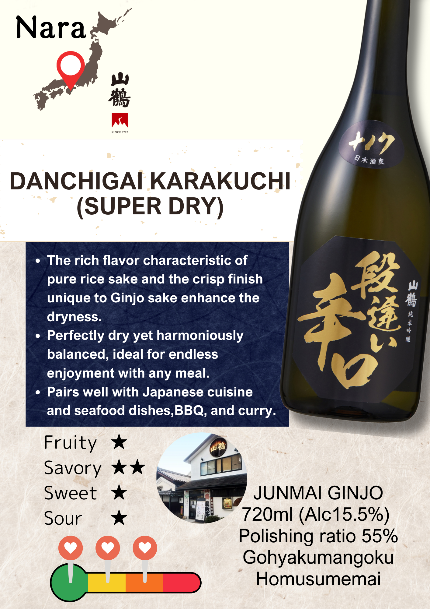DANCHIGAI KARAKUCHI 720ml Junmai Daiginjo Super Dry Sake Nakamoto Yamatsuru 山鶴 段違い辛口 純米吟醸