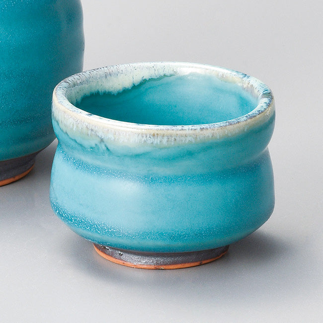 Japanese Porcelain Ocean Blue Bamboo Shape Guinomi Sake Cup